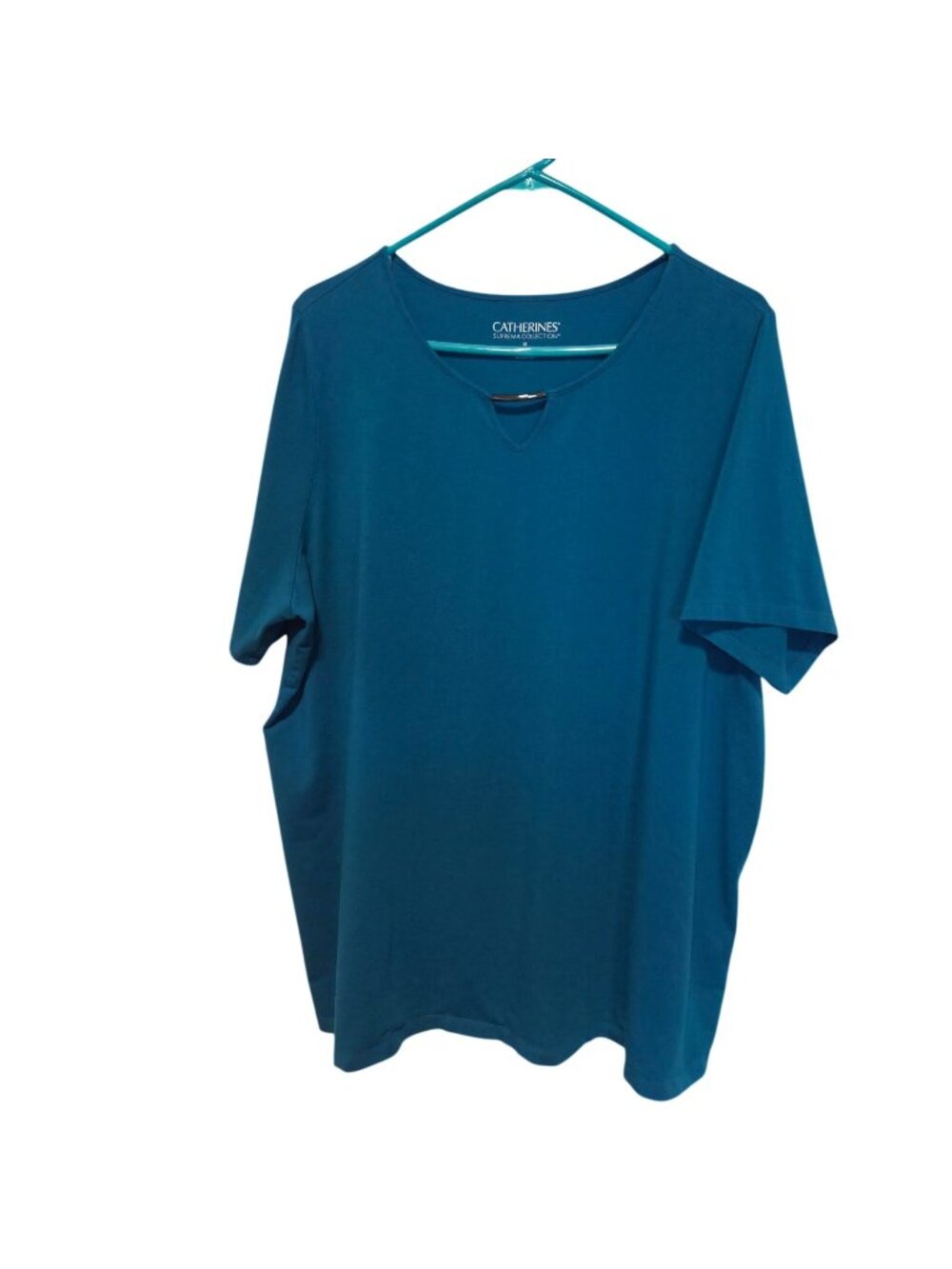 Catherines Suprema Plus Size 1X 18W 20W Teal Keyhole Top Short Sleeve Shirt